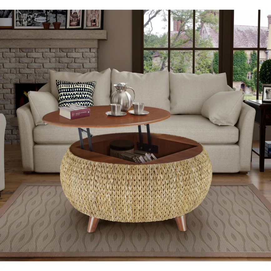 Round lift-top coffee table with solid wood top and woven wicker base, featuring hidden storage and four slanted legs.
