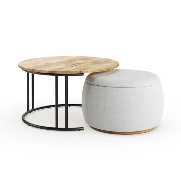 walnut‑effect coffee table with upholstered pouffe stored underneath