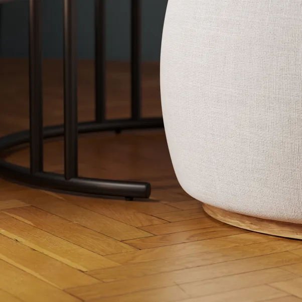 walnut‑effect coffee table with upholstered pouffe stored underneath