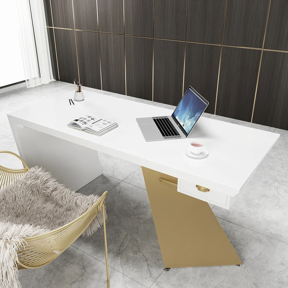 Modern white and gold office desk with drawer, geometric trestle base, 180 cm wide