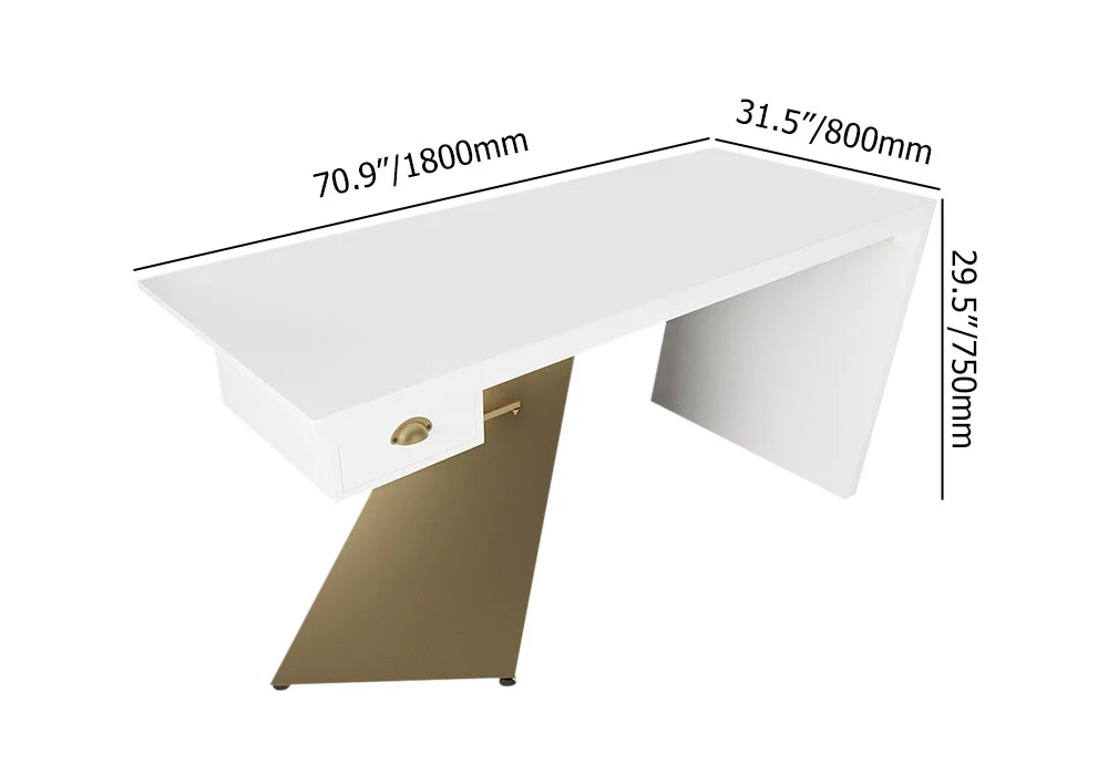 Modern white and gold office desk with drawer, geometric trestle base, 180 cm wide