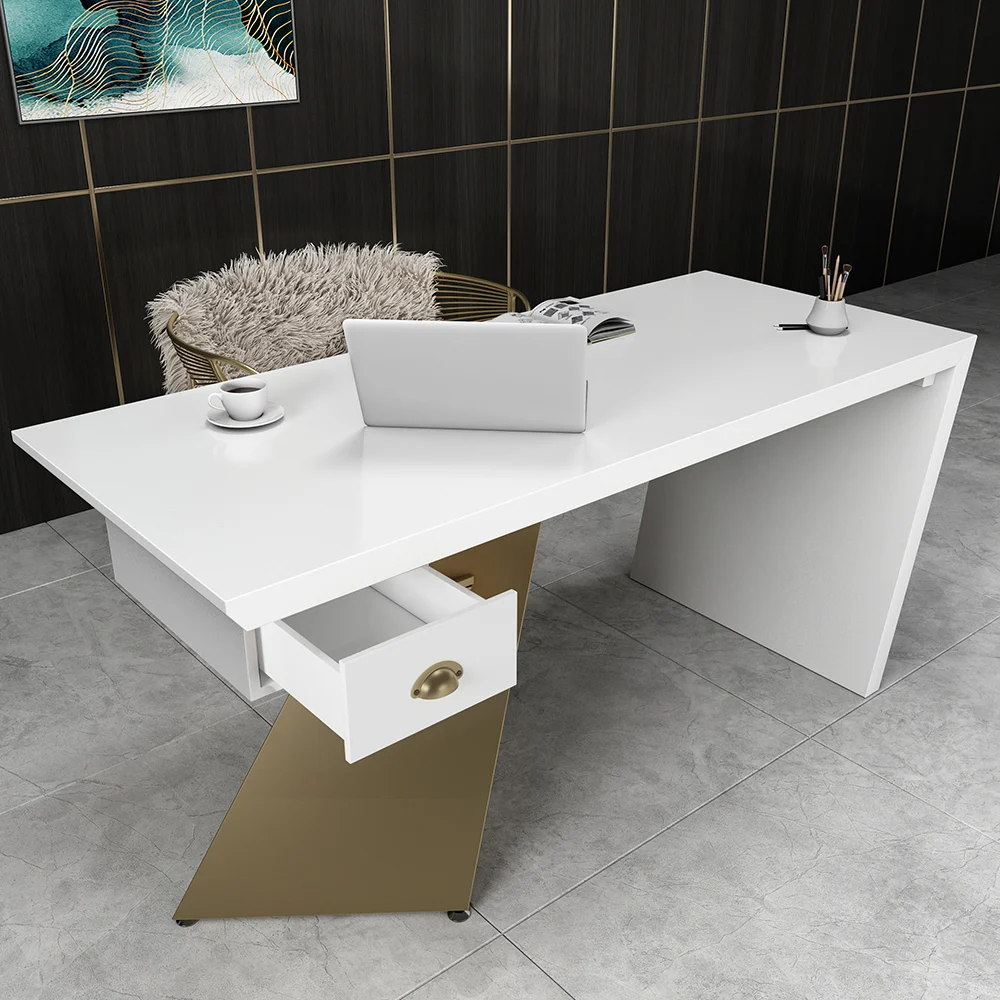Modern white and gold office desk with drawer, geometric trestle base, 180 cm wide