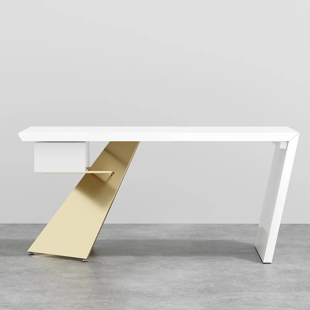 Modern white and gold office desk with drawer, geometric trestle base, 180 cm wide