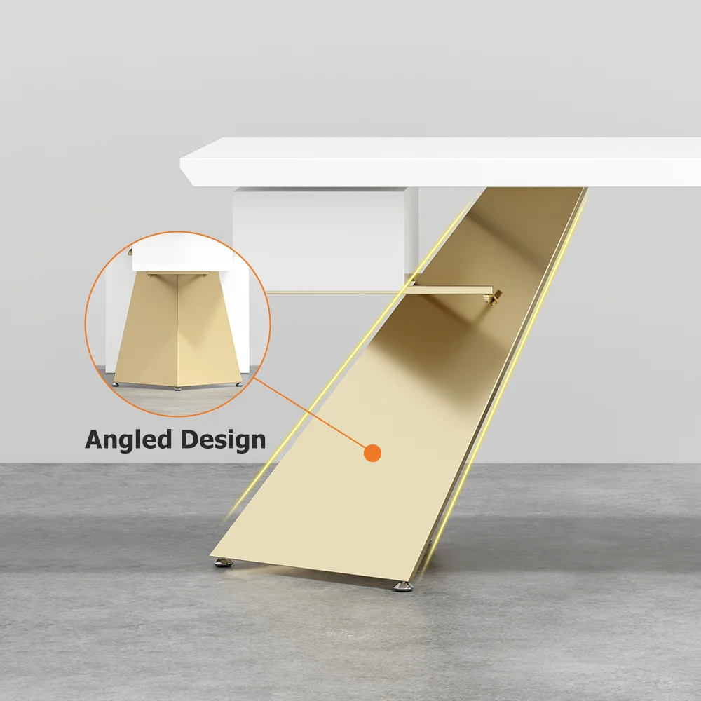 Modern white and gold office desk with drawer, geometric trestle base, 180 cm wide