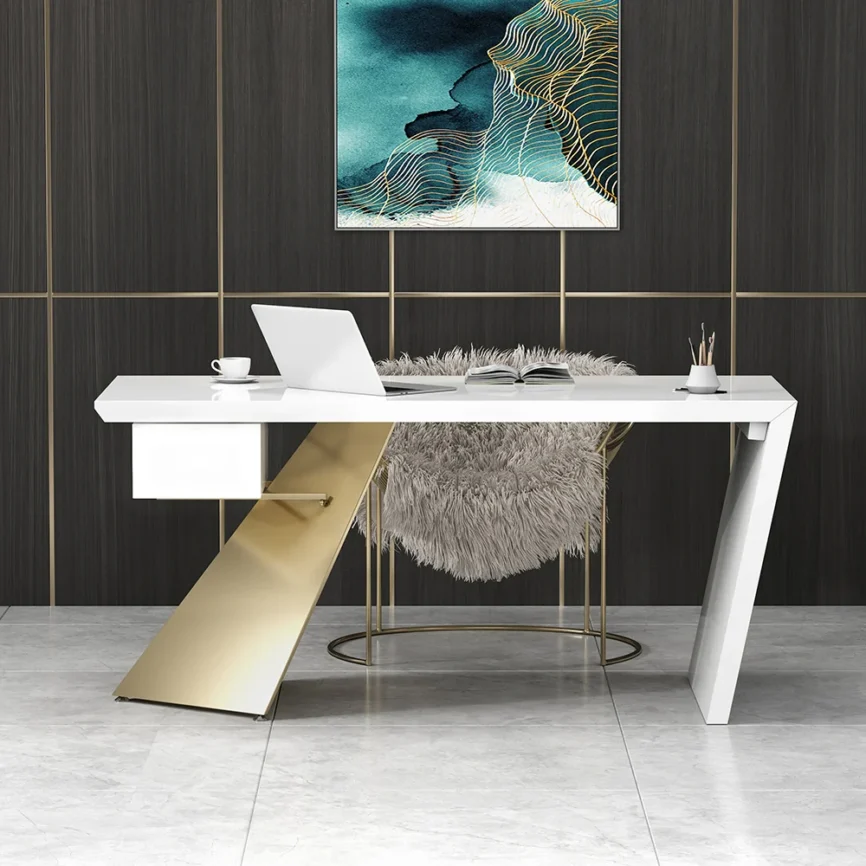 Modern white and gold office desk with drawer, geometric trestle base, 180 cm wide