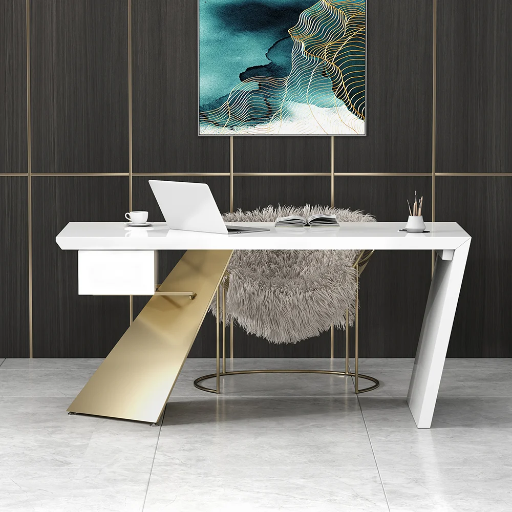 Modern white and gold office desk with drawer, geometric trestle base, 180 cm wide