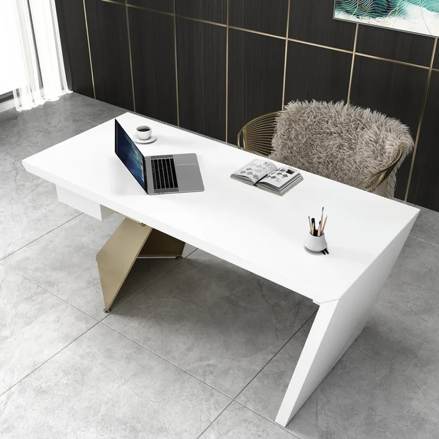Modern white and gold office desk with drawer, geometric trestle base, 180 cm wide