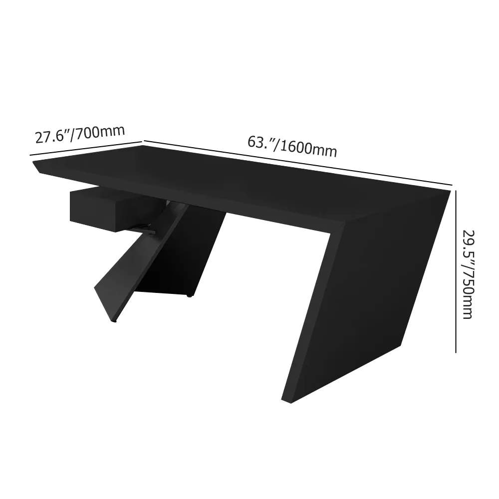 Modern eco-friendly black writing desk with drawer, angled metal legs, 160 cm wide