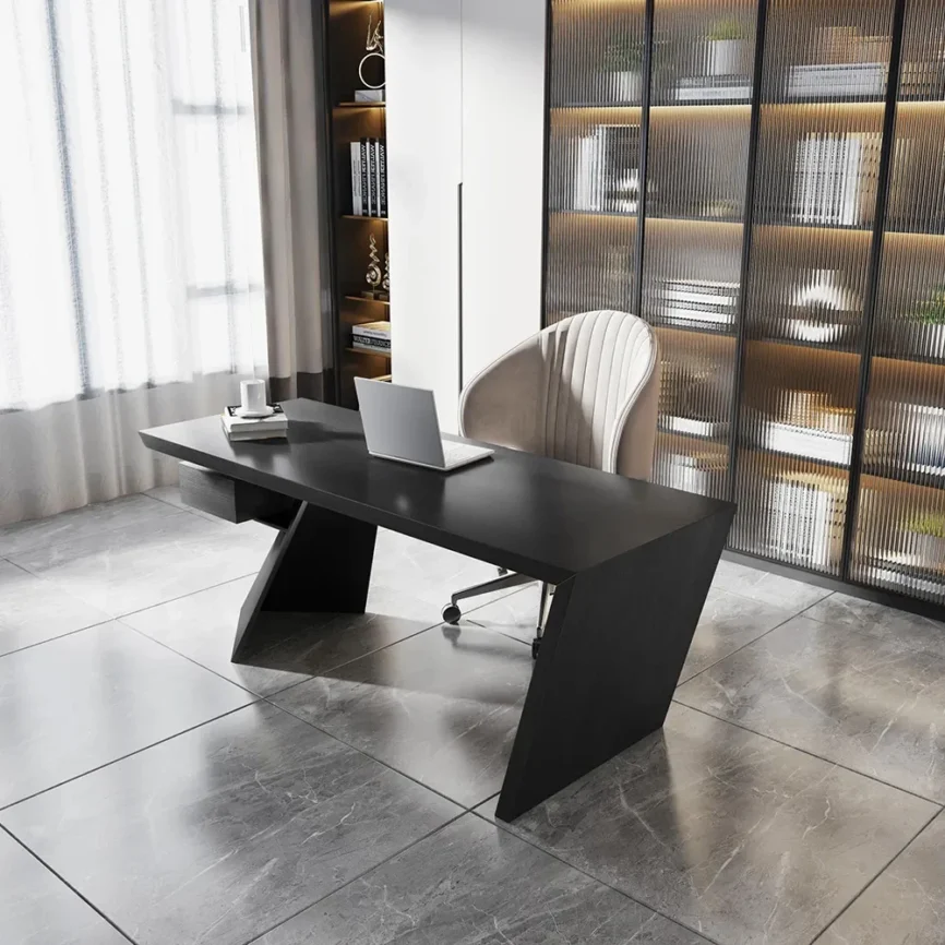 Modern eco-friendly black writing desk with drawer, angled metal legs, 160 cm wide