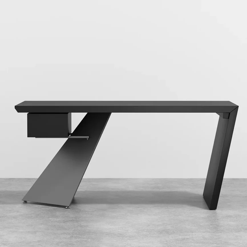 Modern eco-friendly black writing desk with drawer, angled metal legs, 160 cm wide