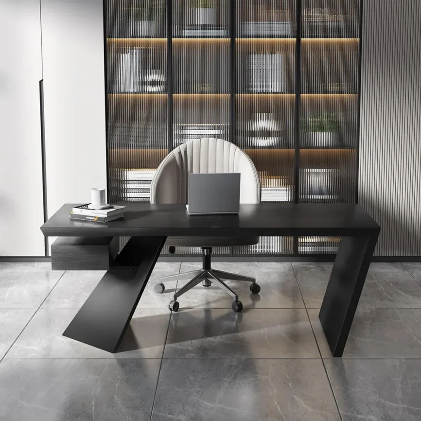 Modern eco-friendly black writing desk with drawer, angled metal legs, 160 cm wide