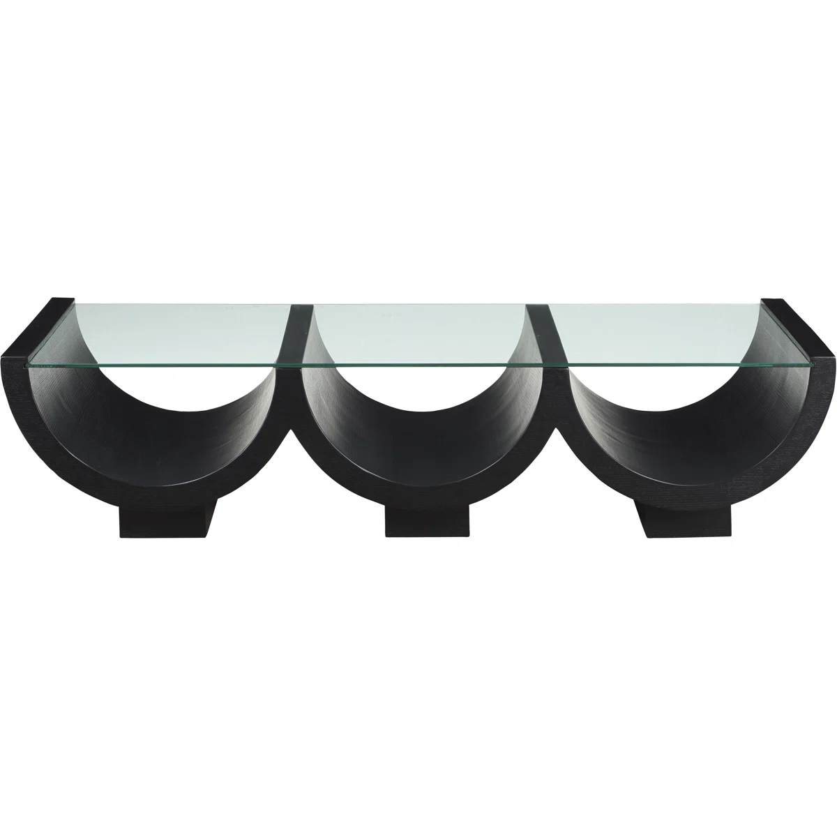 Art Deco-inspired coffee table with clear tempered glass top and geometric black pedestal base