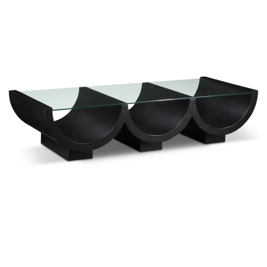 Art Deco-inspired coffee table with clear tempered glass top and geometric black pedestal base