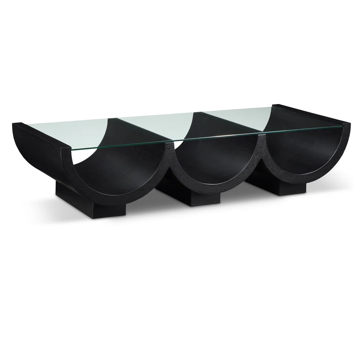 Art Deco-inspired coffee table with clear tempered glass top and geometric black pedestal base