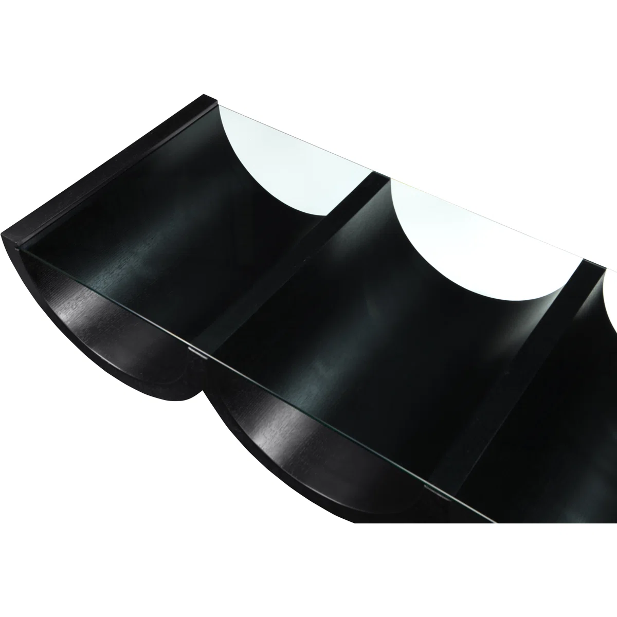 Art Deco-inspired coffee table with clear tempered glass top and geometric black pedestal base