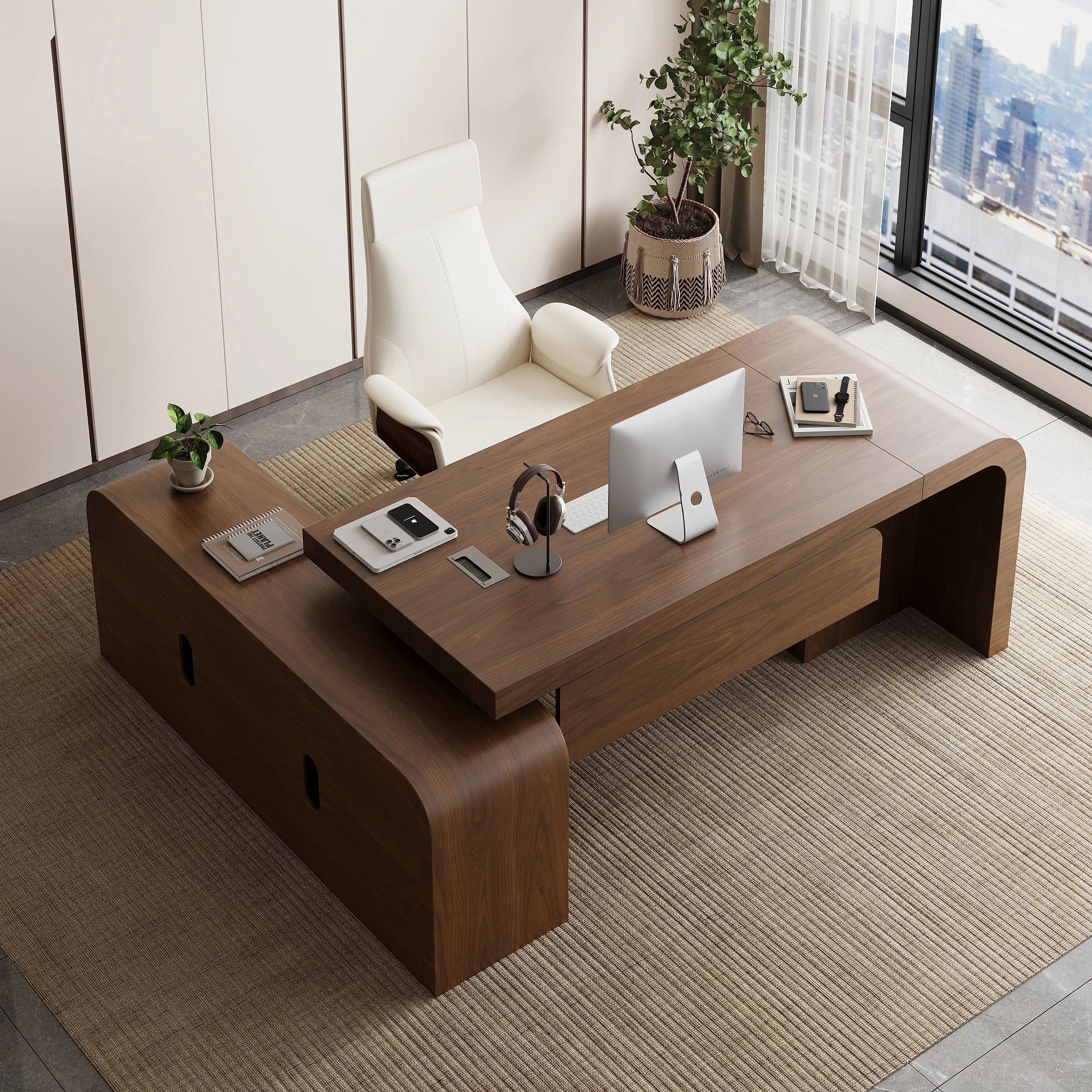Chicent Walnut L-Shaped Executive Storage Desk