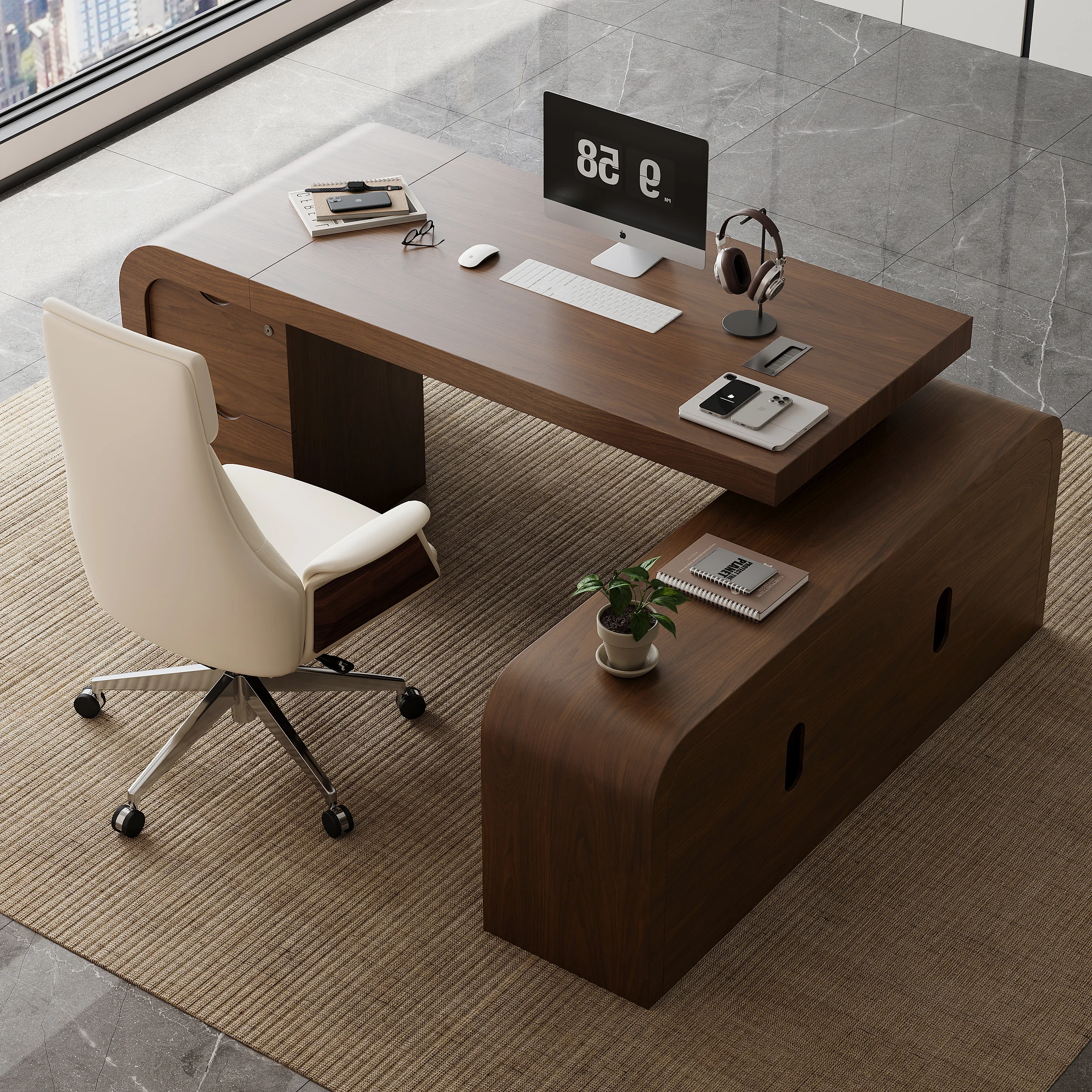 Chicent Walnut L-Shaped Executive Storage Desk