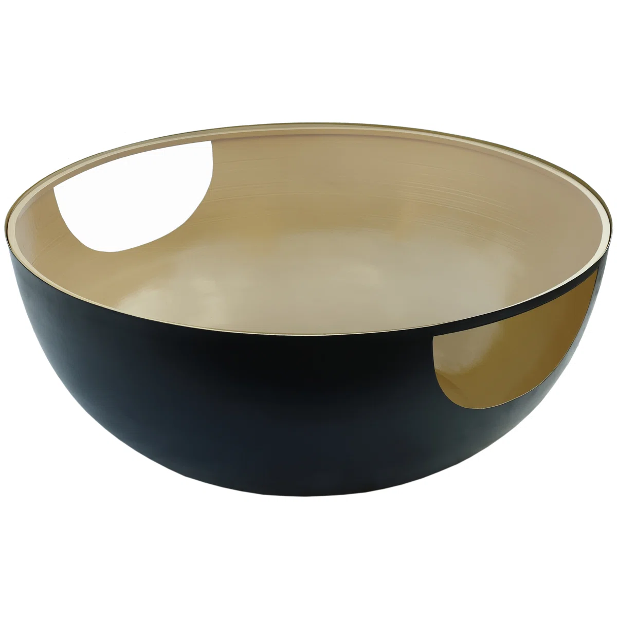 round glass coffee table with matte black base and brushed gold interior