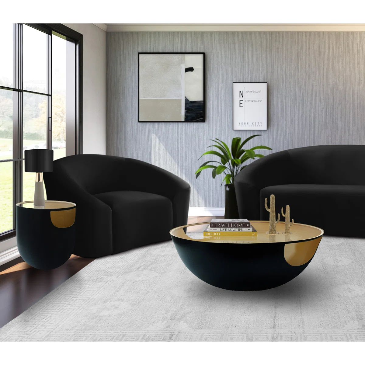 round glass coffee table with matte black base and brushed gold interior