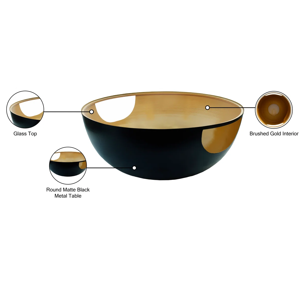 round glass coffee table with matte black base and brushed gold interior