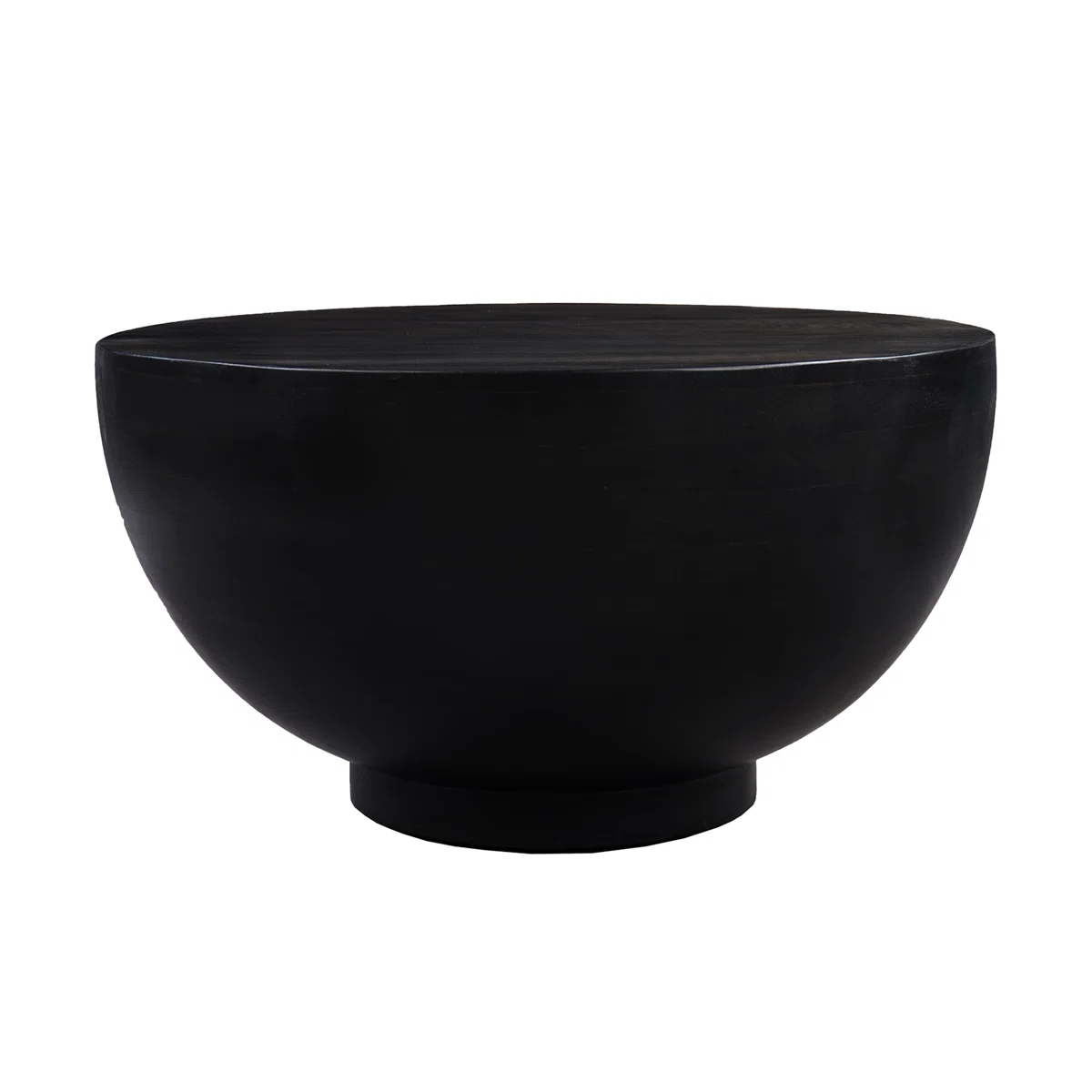 Ebonora round solid wood coffee table with matte black finish, drum silhouette, and tapered base, 76 cm wide.