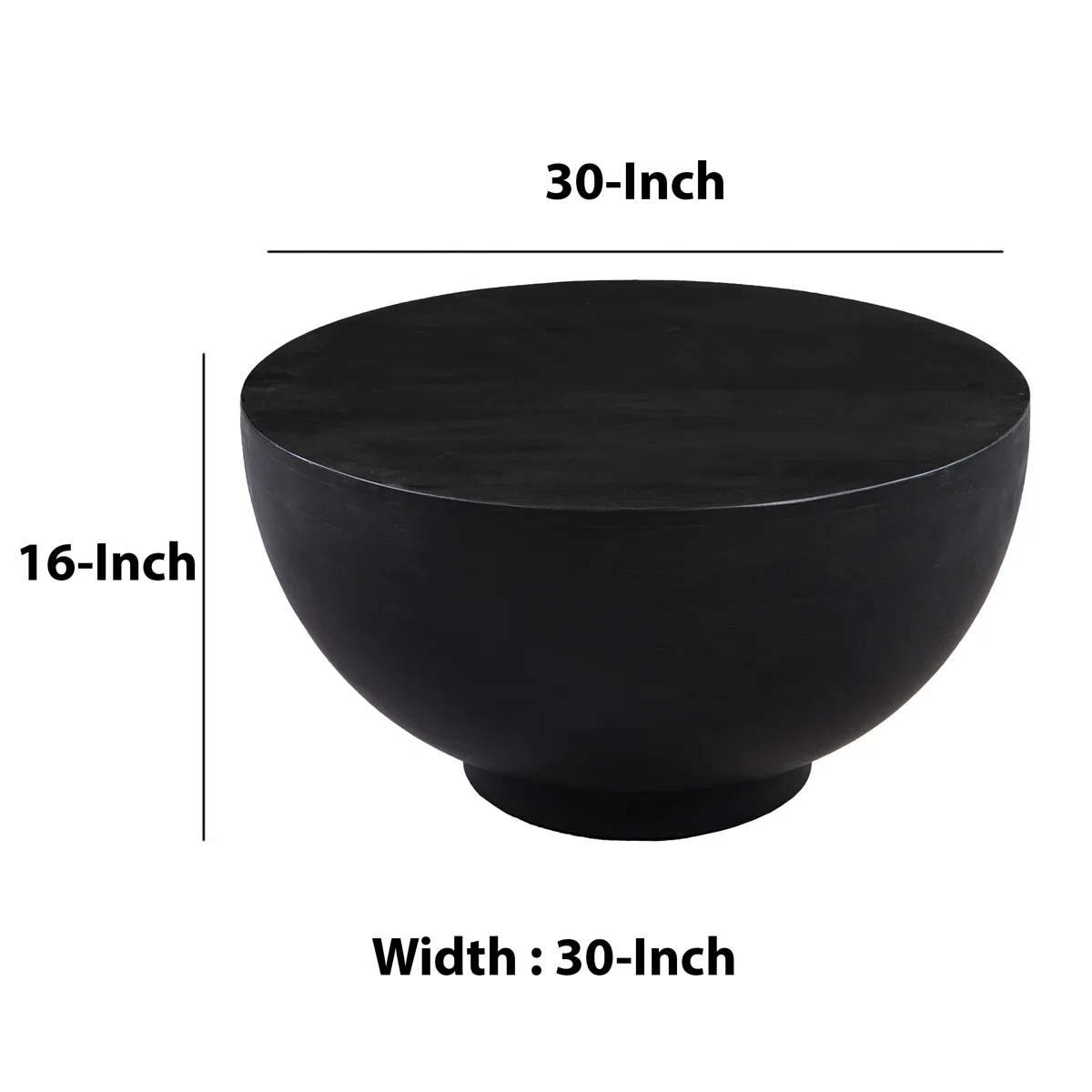 Ebonora round solid wood coffee table with matte black finish, drum silhouette, and tapered base, 76 cm wide.