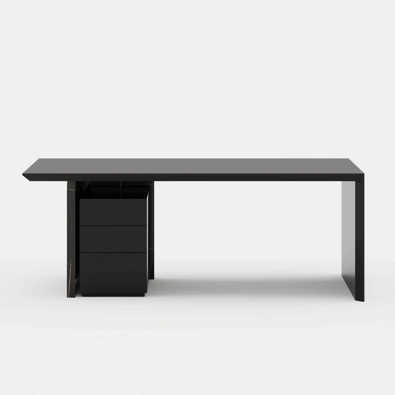Modern 152cm black office desk with marble veneer finish, thick tabletop, and movable three-drawer file cabinet for flexible storage.