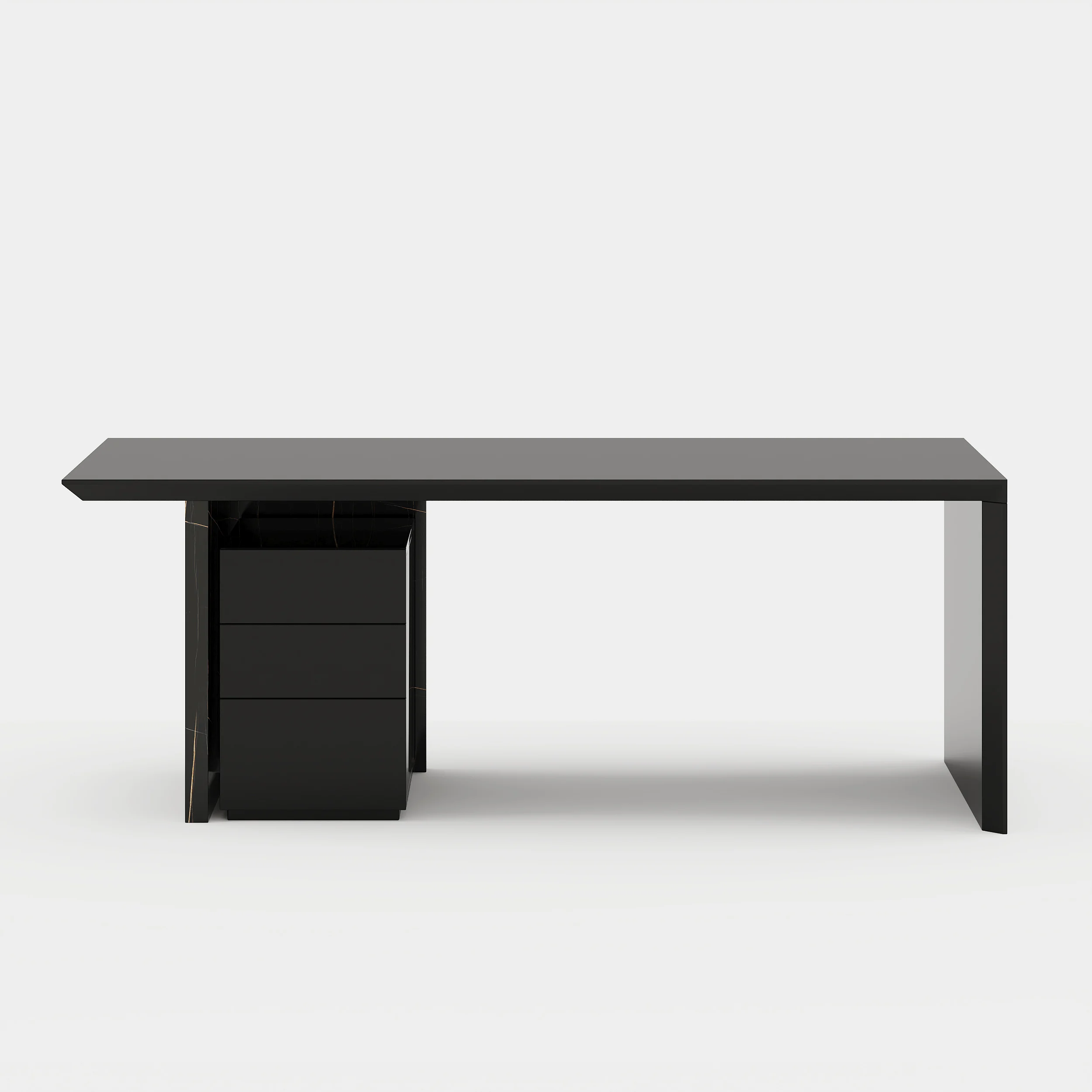Modern 152cm black office desk with marble veneer finish, thick tabletop, and movable three-drawer file cabinet for flexible storage.