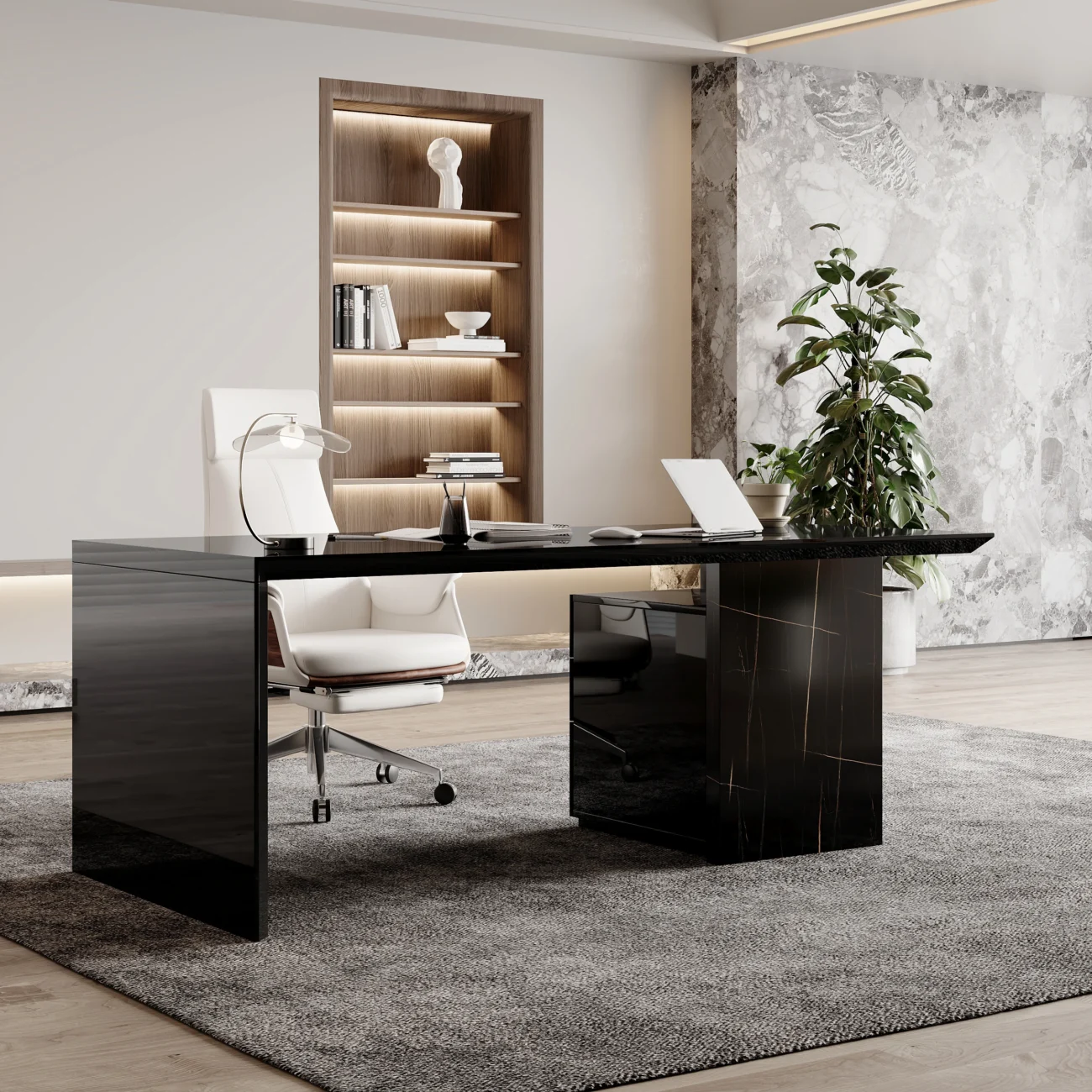 Modern 152cm black office desk with marble veneer finish, thick tabletop, and movable three-drawer file cabinet for flexible storage.