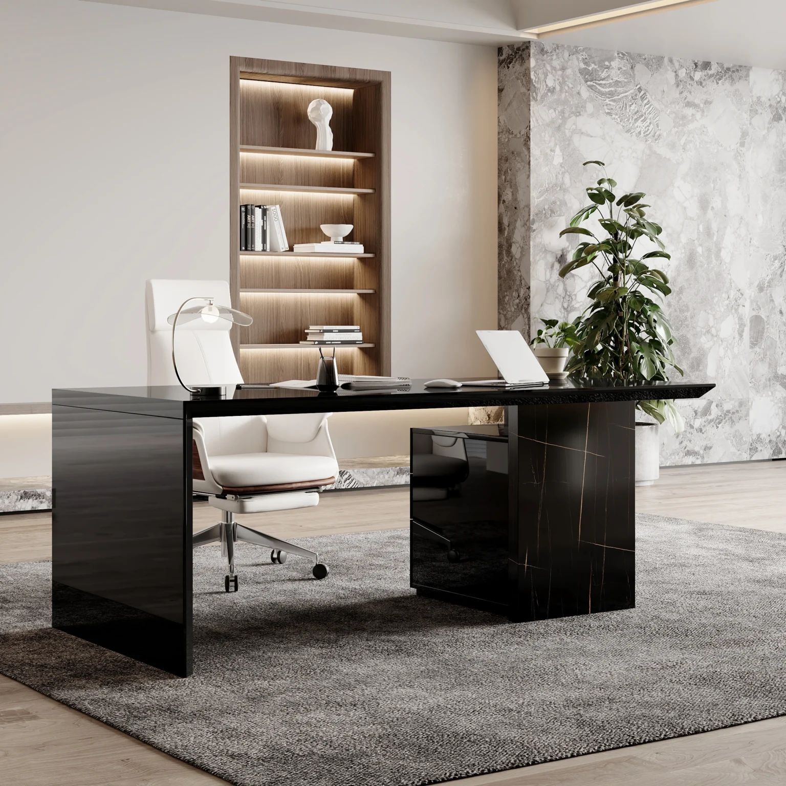 Modern 152cm black office desk with marble veneer finish, thick tabletop, and movable three-drawer file cabinet for flexible storage.