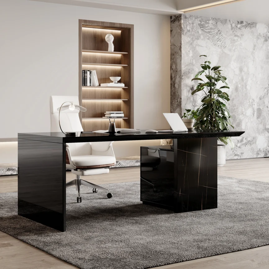 Modern 152cm black office desk with marble veneer finish, thick tabletop, and movable three-drawer file cabinet for flexible storage.