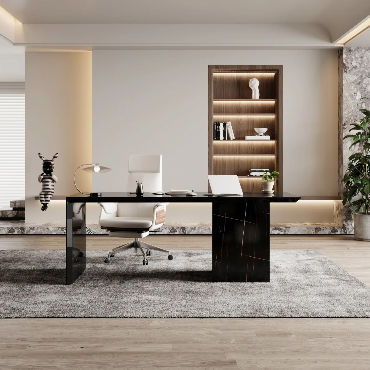 Modern 152cm black office desk with marble veneer finish, thick tabletop, and movable three-drawer file cabinet for flexible storage.