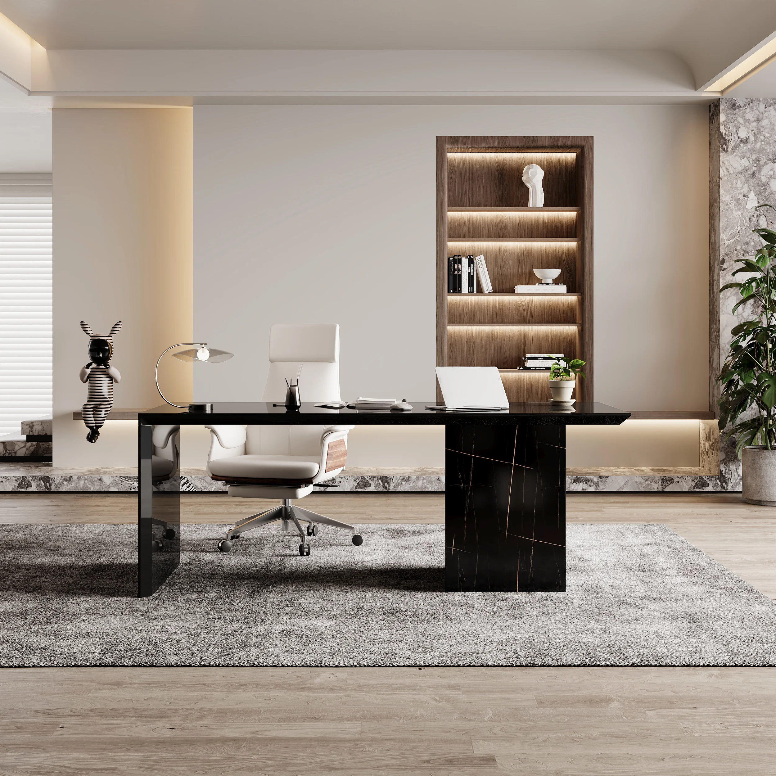 Modern 152cm black office desk with marble veneer finish, thick tabletop, and movable three-drawer file cabinet for flexible storage.
