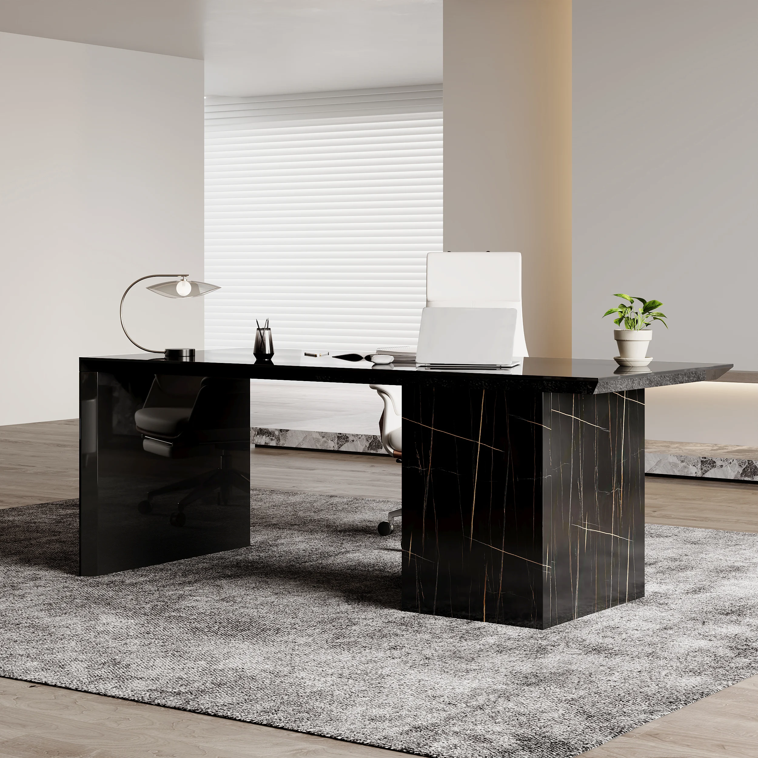 Modern 152cm black office desk with marble veneer finish, thick tabletop, and movable three-drawer file cabinet for flexible storage.