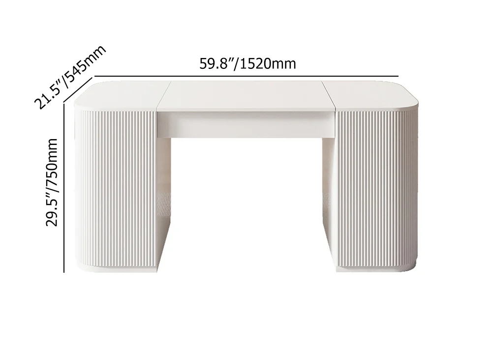 Modern white standing desk with lift-top design, two cabinet doors, four shelves, and fluted detailing, crafted from engineered wood with pedestal base