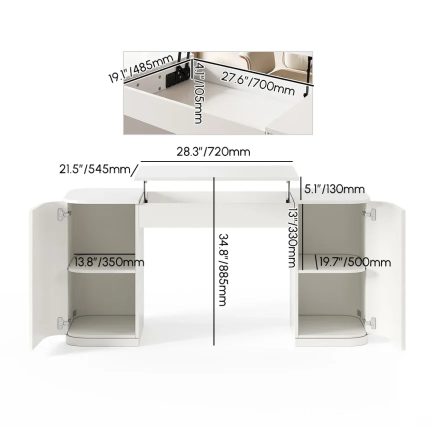 Modern white standing desk with lift-top design, two cabinet doors, four shelves, and fluted detailing, crafted from engineered wood with pedestal base