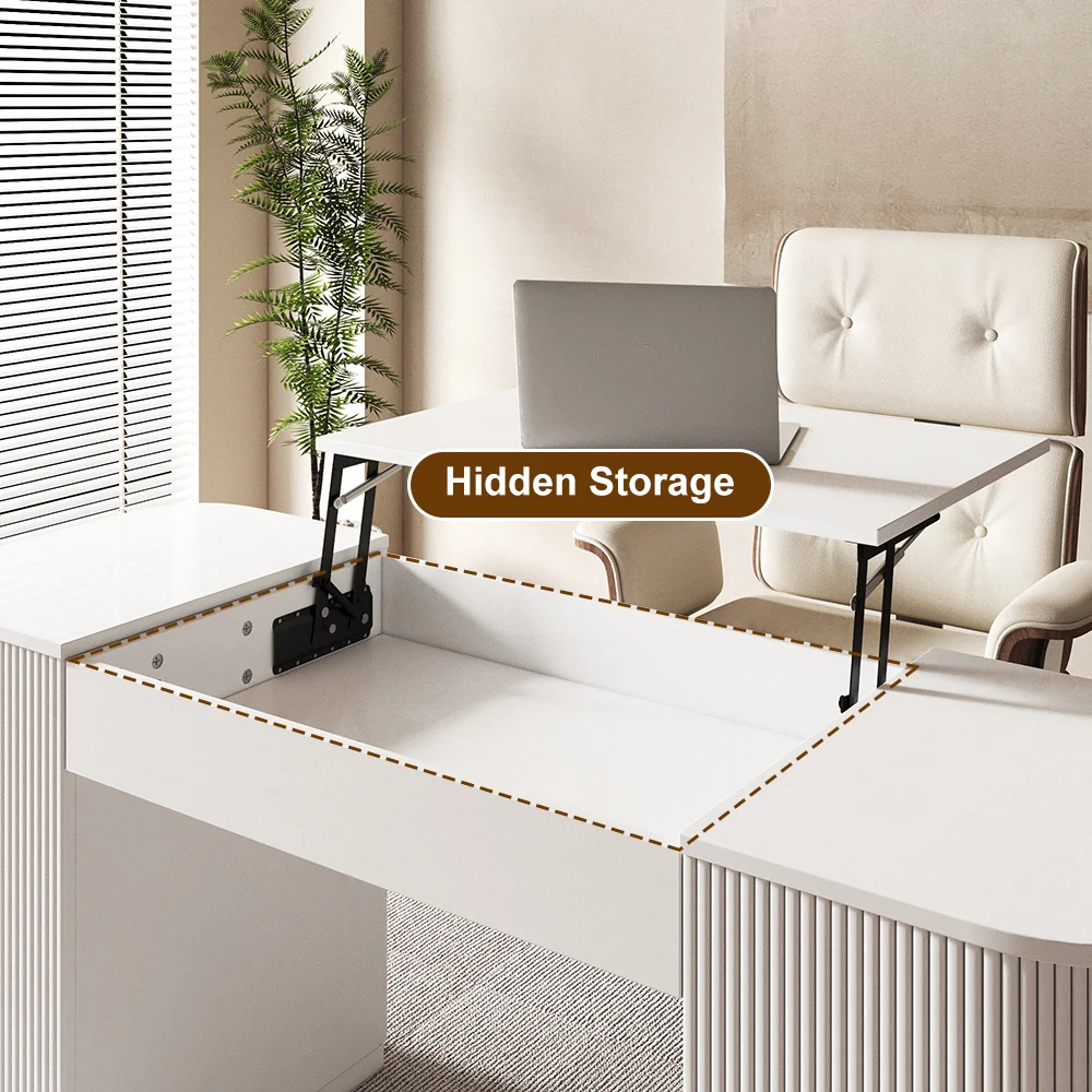 Modern white standing desk with lift-top design, two cabinet doors, four shelves, and fluted detailing, crafted from engineered wood with pedestal base