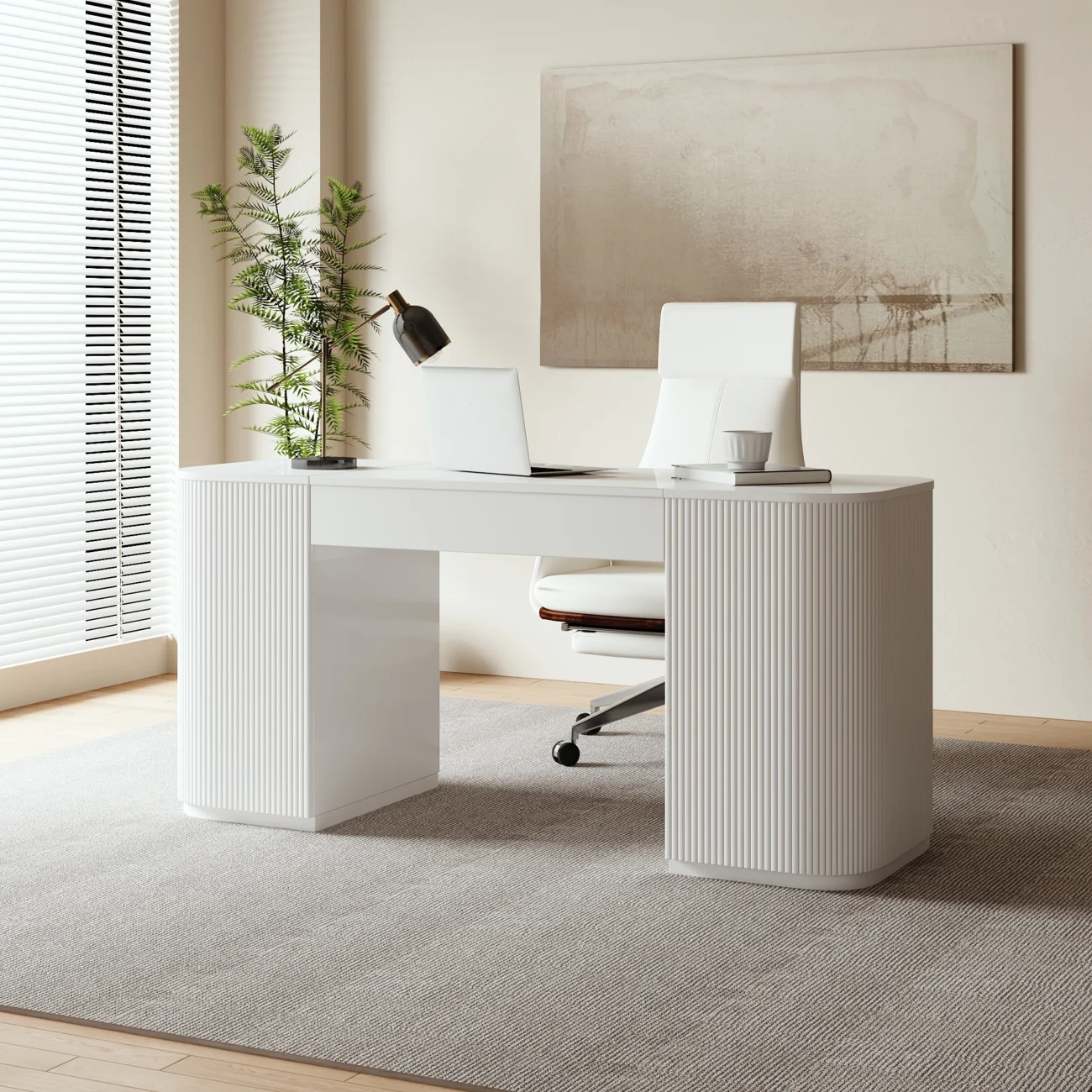 Modern white standing desk with lift-top design, two cabinet doors, four shelves, and fluted detailing, crafted from engineered wood with pedestal base