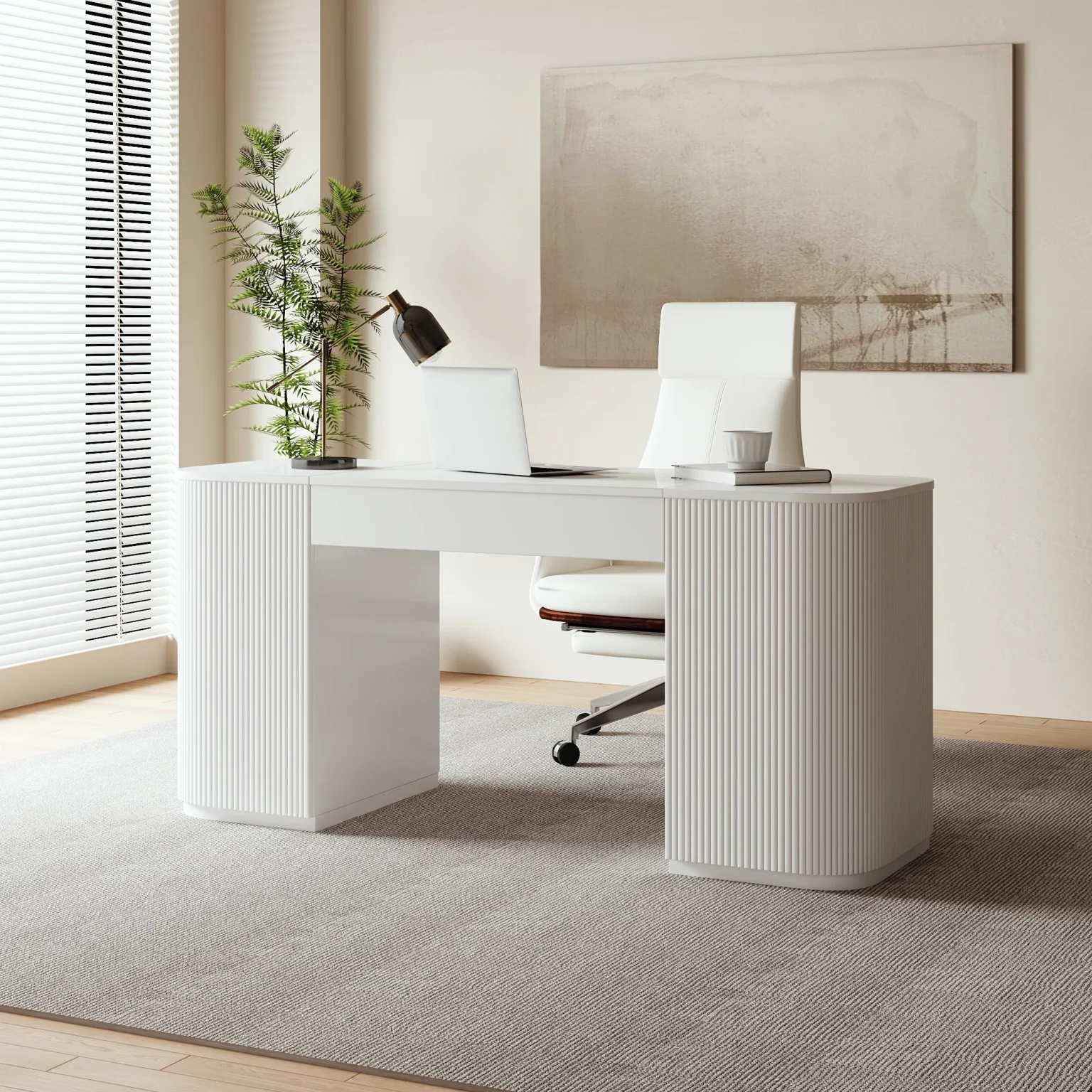 Modern white standing desk with lift-top design, two cabinet doors, four shelves, and fluted detailing, crafted from engineered wood with pedestal base