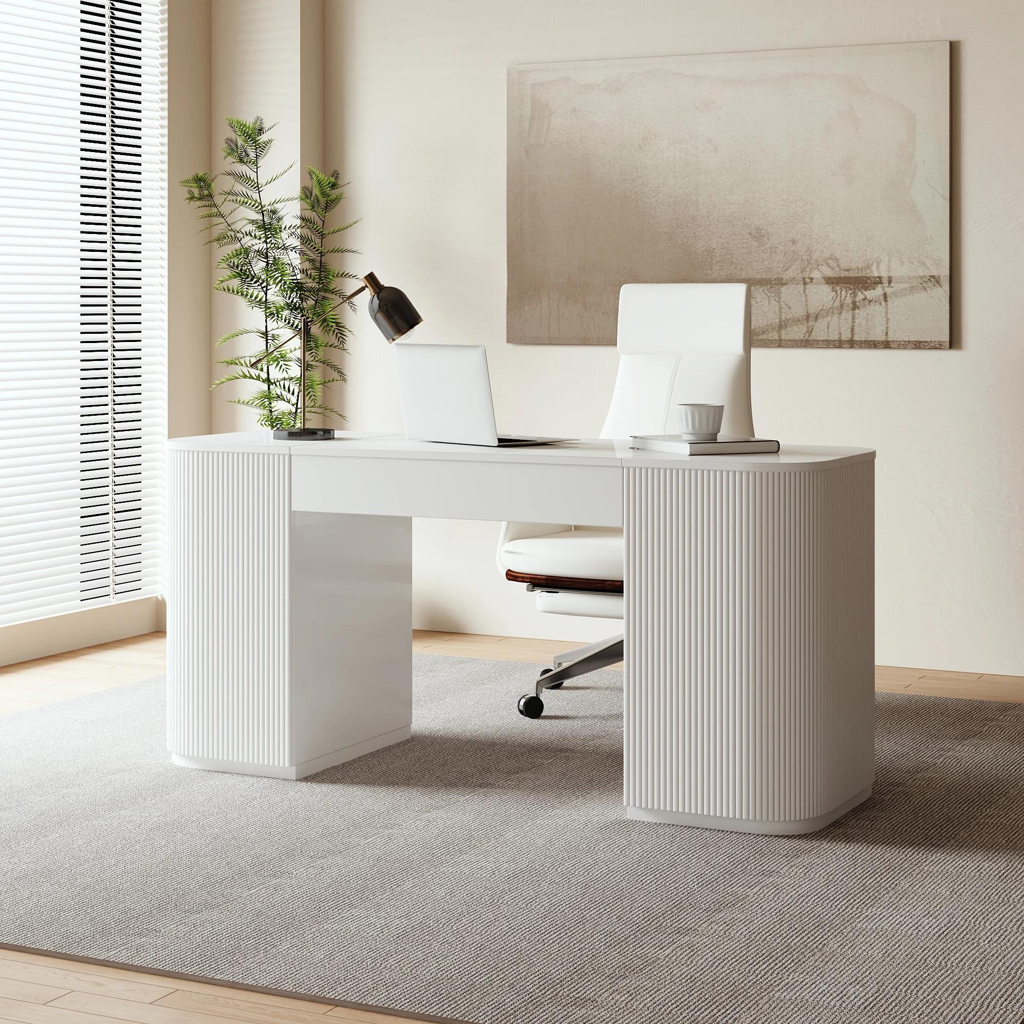Modern white standing desk with lift-top design, two cabinet doors, four shelves, and fluted detailing, crafted from engineered wood with pedestal base