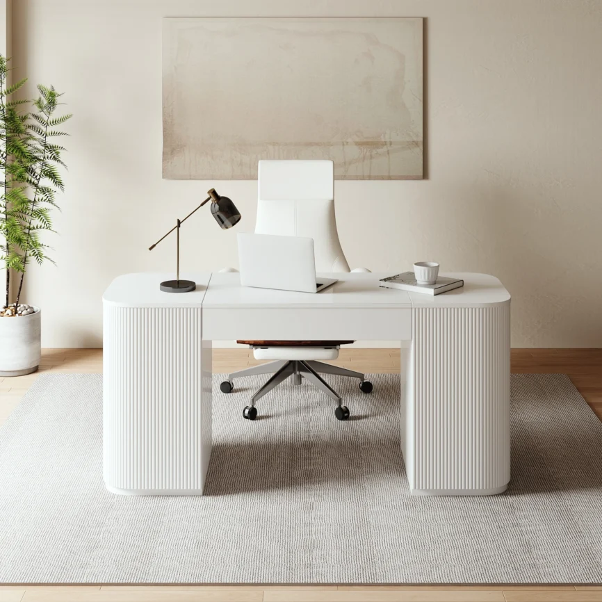 Elevare Modern Standing Desk with Hidden Storage is designed to elevate your workday. Crafted from warp-resistant engineered wood with elegant fluted detailing, it features a smooth lift-top mechanism that lets you switch seamlessly between sitting and standing positions