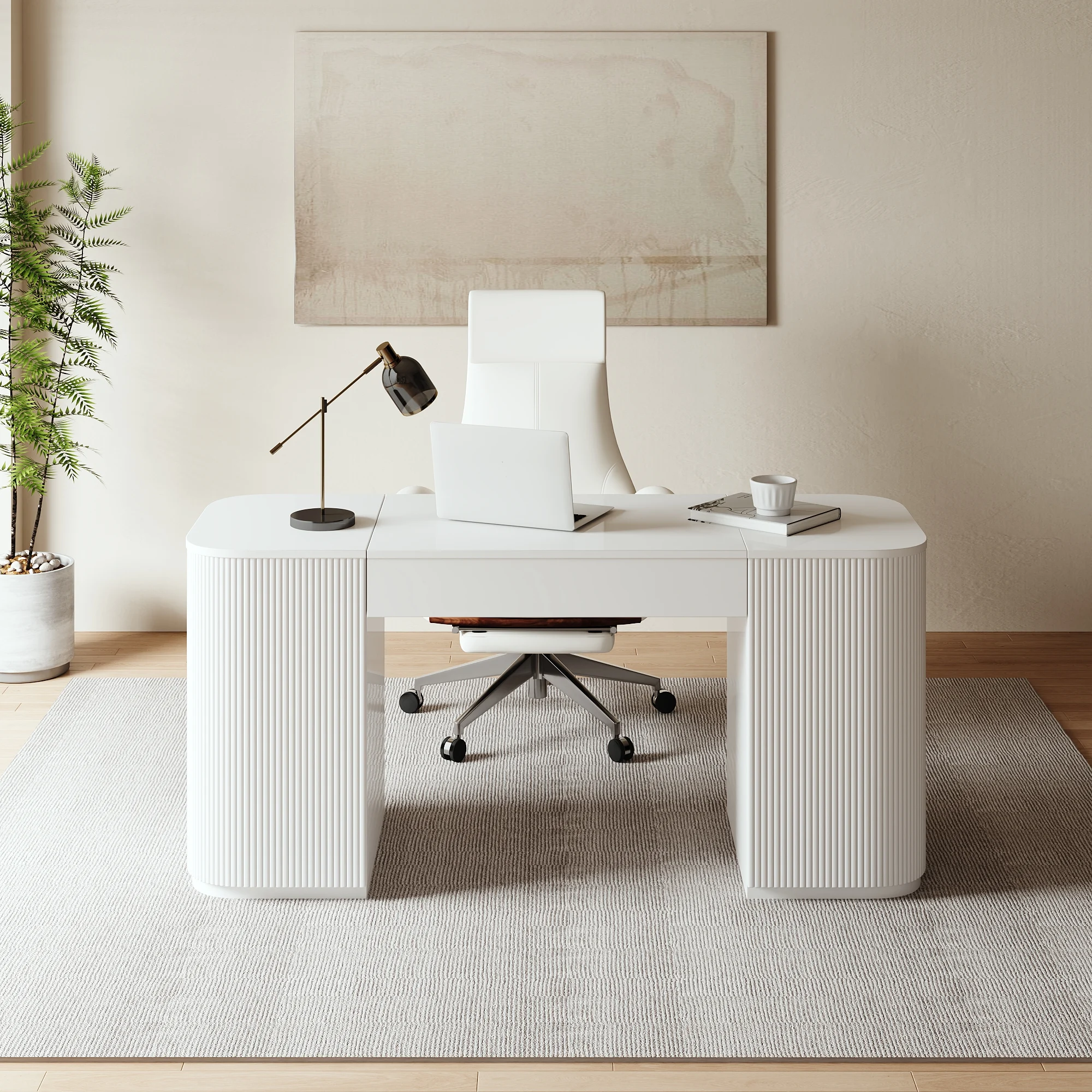 Elevare Modern Standing Desk with Hidden Storage is designed to elevate your workday. Crafted from warp-resistant engineered wood with elegant fluted detailing, it features a smooth lift-top mechanism that lets you switch seamlessly between sitting and standing positions