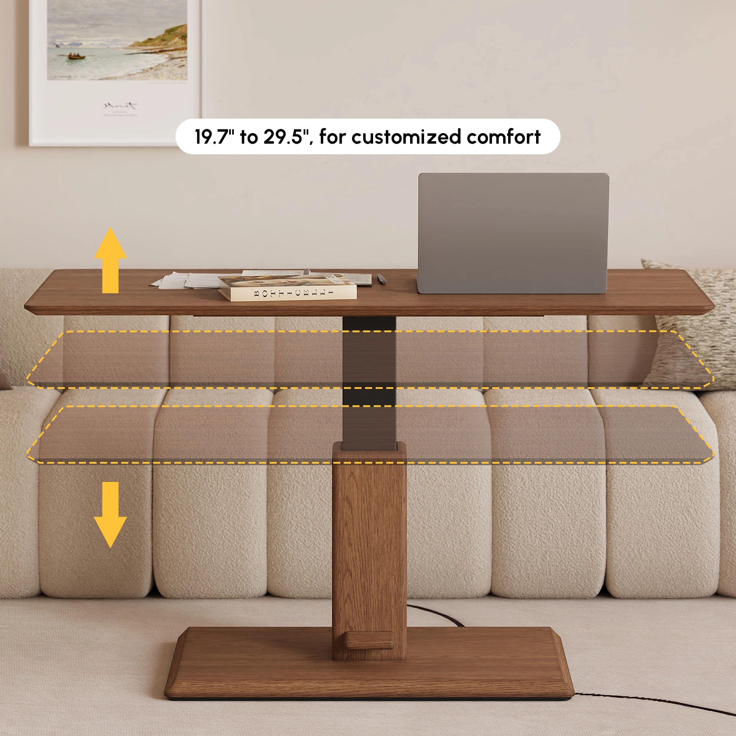 Walnut rectangular lift-top coffee table with hydraulic height adjustment and pedestal base.