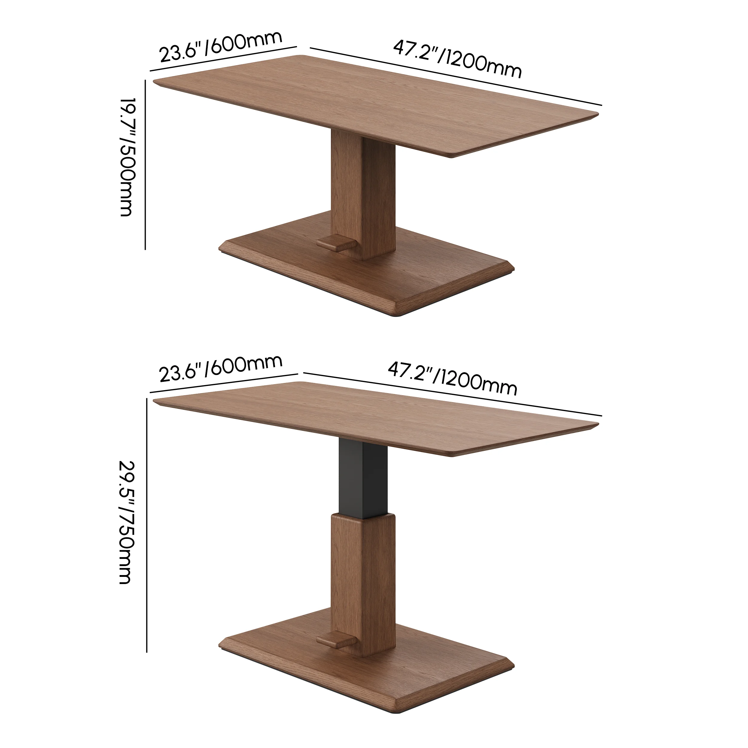 Walnut rectangular lift-top coffee table with hydraulic height adjustment and pedestal base.