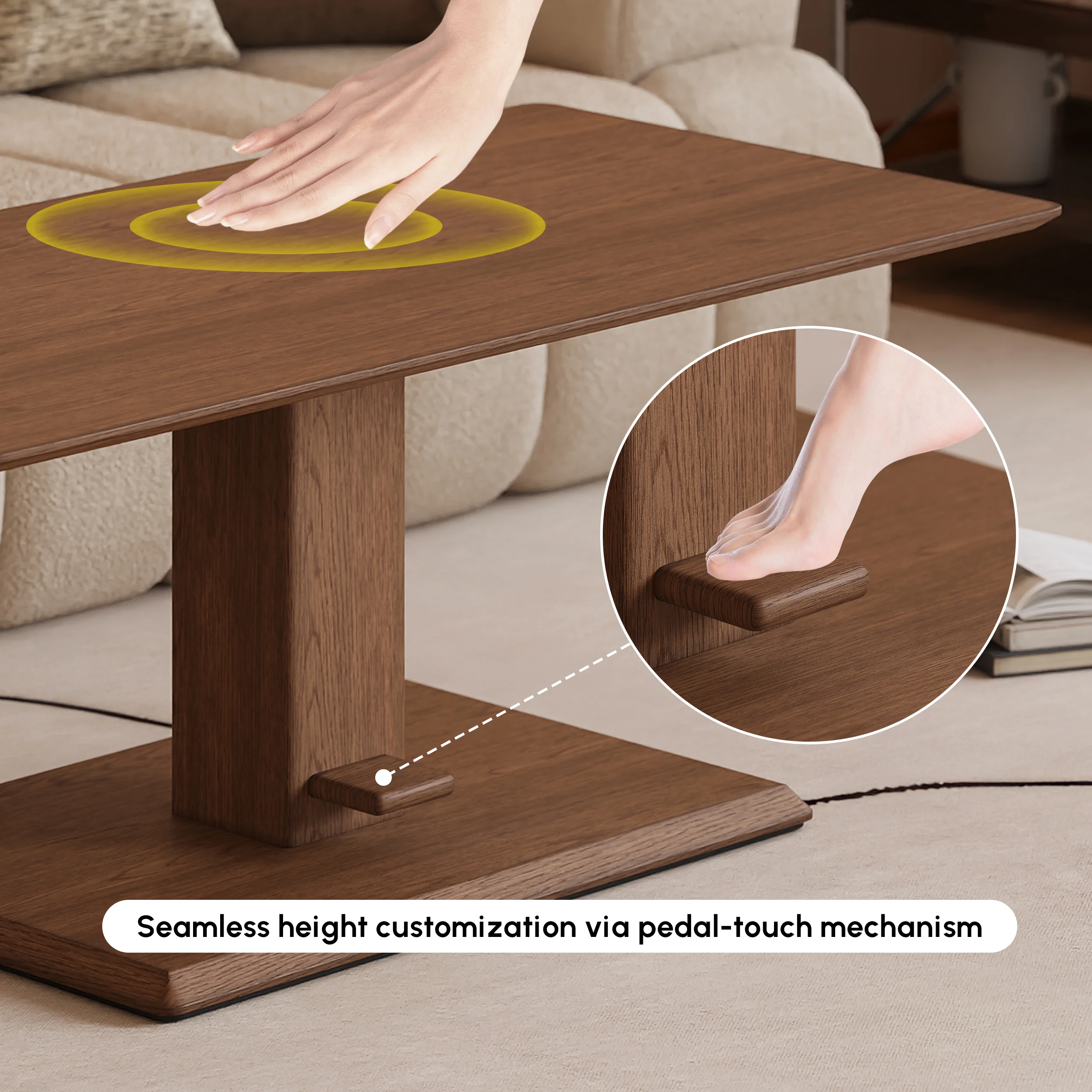 Walnut rectangular lift-top coffee table with hydraulic height adjustment and pedestal base.