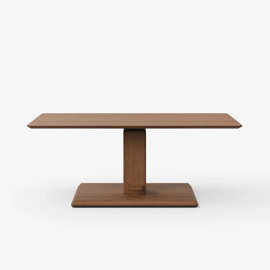 Walnut rectangular lift-top coffee table with hydraulic height adjustment and pedestal base.