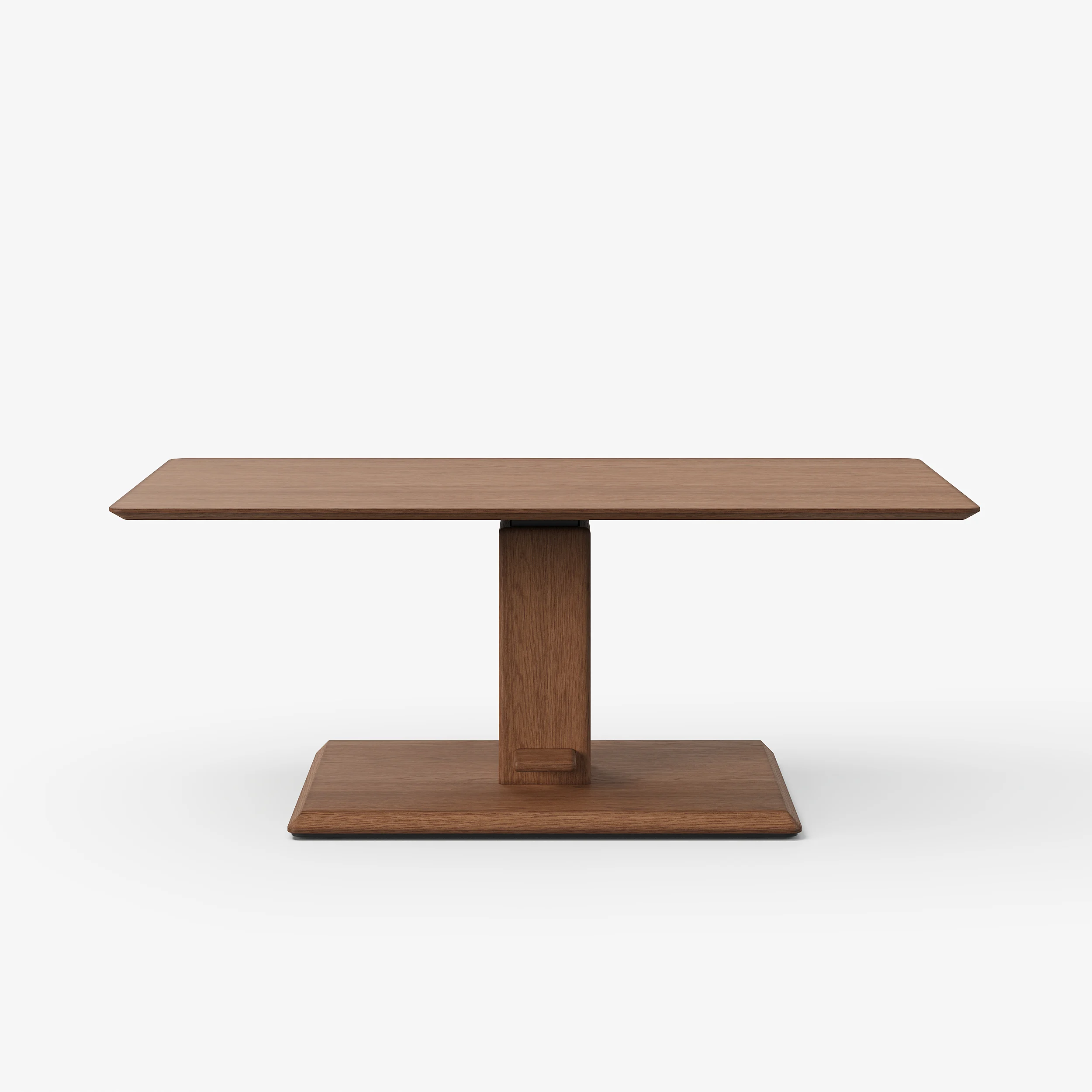 Walnut rectangular lift-top coffee table with hydraulic height adjustment and pedestal base.