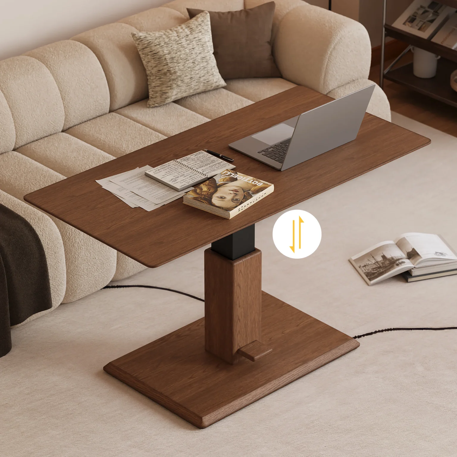 Walnut rectangular lift-top coffee table with hydraulic height adjustment and pedestal base.