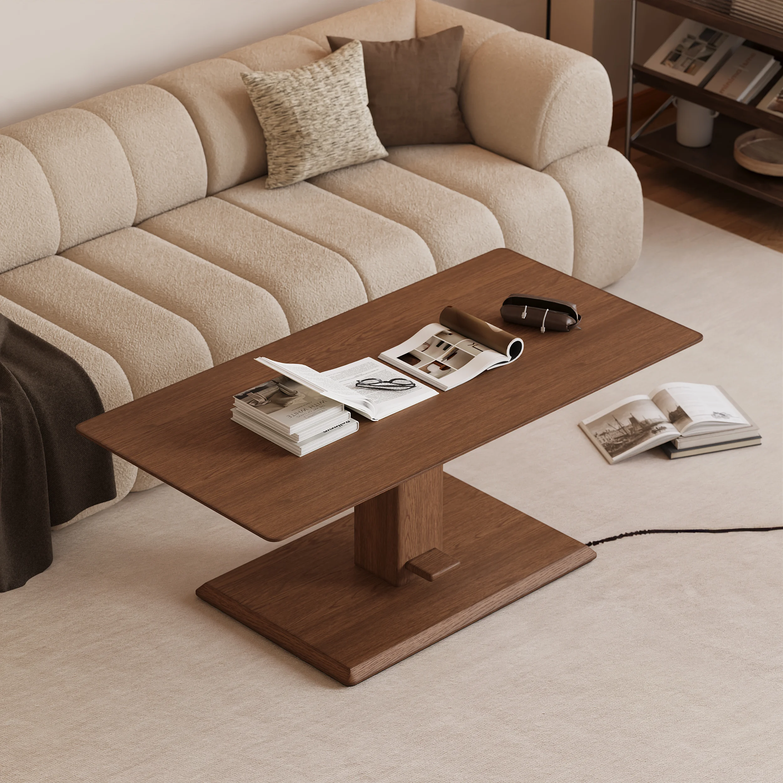 Walnut rectangular lift-top coffee table with hydraulic height adjustment and pedestal base.