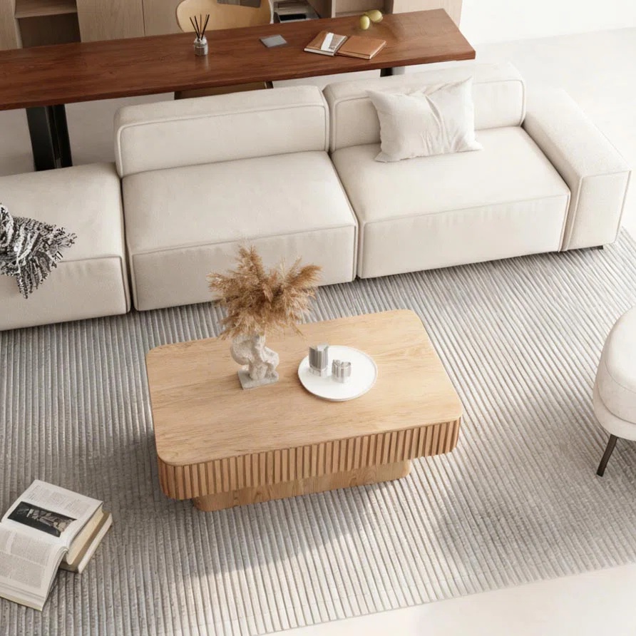 Elysian Flute Lift-Top Coffee Table in natural wood finish with fluted design, lift-top storage compartment, and soft-close hydraulic mechanism